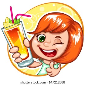 cute girl with a glass of drink and showing thumbs up