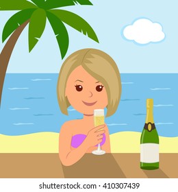 Cute girl with a glass of wine sitting at the bar on the summer vacation at sea. The concept of summer holiday on the beach with palm trees.