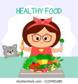 A cute girl in glasses and a bow at the table, a plate of vegetables. The cat looks out. Healthy food, organic products. Cartoon style, flat, vector.