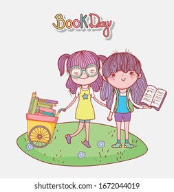 cute girl with glasses cart with books and girl with open book in grass vector illustration