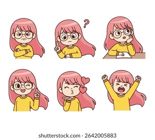 Cute Girl with Glasses Emotions Set, An adorable collection of six cartoon illustrations featuring a young girl with pink hair and round glasses, displaying a variety of emotions and actions.