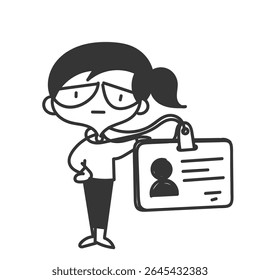 cute girl with glasses holding big id card in cartoon doodle