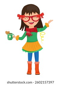 Cute girl with glasses holding a cup of hot drink decorated with Christmas patterns