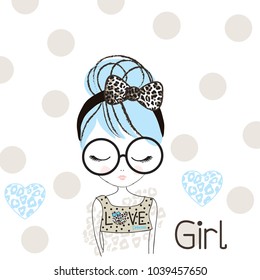 cute girl with glasses on polka dots background vector illustration