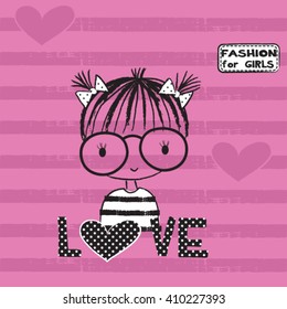 cute girl with glasses on striped background, T-shirt design for girls vector illustration
