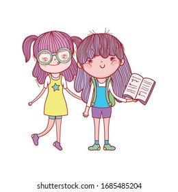 cute girl with glasses and girl with open book isolated icon vector illustration