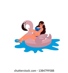 Cute girl in glasses and swimsuit sitting on an inflatable pink flamingo in a water. Vector  illustration