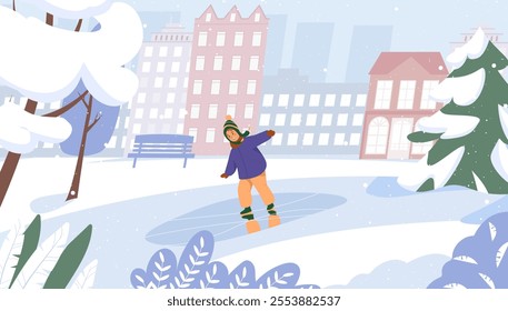 Cute girl glides on the ice on cityscape or public park background. Child in winter clothes slips and have fun on ice outdoors. Winter leisure outdoors activity. Flat cartoon vector illustration.