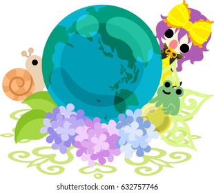 A cute girl and a globe of hydrangeas