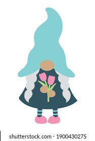 Cute girl gnome with braids holding spring flowers vector illustration.