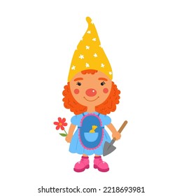 Cute girl gnome with flowers vector illustration.