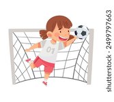 Cute Girl Goalkeeper Catching Ball Between Goalposts Vector Illustration