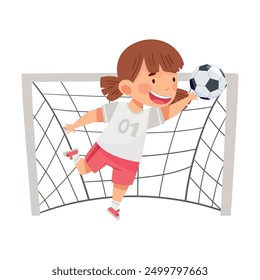 Chica linda portero atrapando bola entre porterías Ilustración vectorial