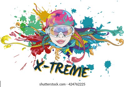 cute girl with goggles for snowboarding. beautiful snowboarder woman. winter sport. girl with multicolored hair. Hand drawn Illustration for your design, header, poster.