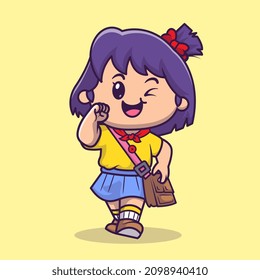 Cute Girl Going To School Cartoon Vector Icon Illustration. People Education Icon Concept Isolated Premium Vector. Flat Cartoon Style