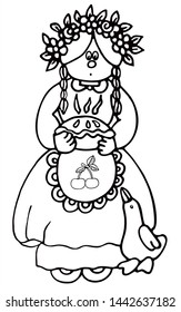 Cute girl with a goose is holding a cherry pie. Colored vector for card or gift.