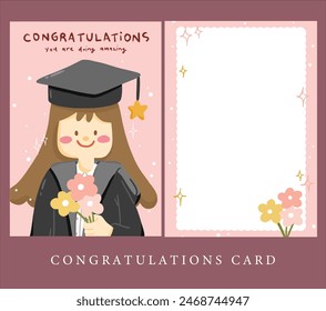 cute girl graduate with flower on congratulations card, illustration card	