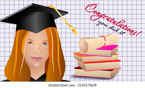 cute girl in
graduation caps, books and diplomas on a checkered background. design template for graduation decoration.