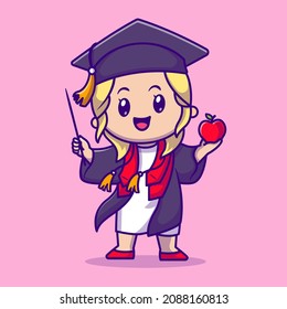 Cute Girl Graduation Cartoon Vector Icon Illustration. People Graduation Icon Concept Isolated Premium Vector. Flat Cartoon Style