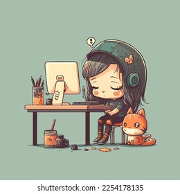 Cute girl a graphic design freelancer working with a cat