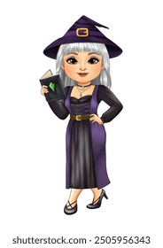 Cute girl with gray hair in a witch costume for Halloween holding magic book vector