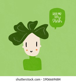 Cute girl in green clothes with clover like funny hairstyle vector clipart and Kiss me I’m Irish text bubble  for St. Patrick’s day banner or greeting card.