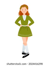 Cute girl in green dress are dancing. Irish dancer isolated on a white background. Vector flat illustration.