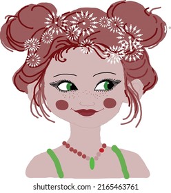 A cute girl with green eyes and white flowers in her hairstyle. Vector file for designs.