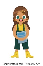 Cute girl in a green jumpsuit with a book in her hands in flat style