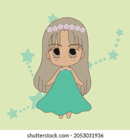 Cute girl in green sleeveless dress and brown long hair style with flower crown on the star zodiac sign Virgo background. Hand drawn illustration.