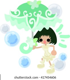 Cute girl with a green stylish umbrella