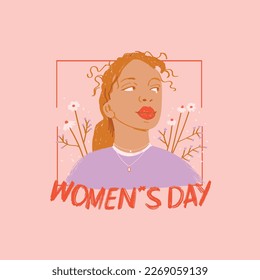 Cute girl greeting card for International Women's Day. Vector.