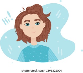 Cute girl greeting. Flat vector illustration. Pretty girl