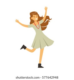 Cute Girl In Grey Dress Dancing On Dancefloor, Part Of People At The Night Club Series Of Vector Illustrations