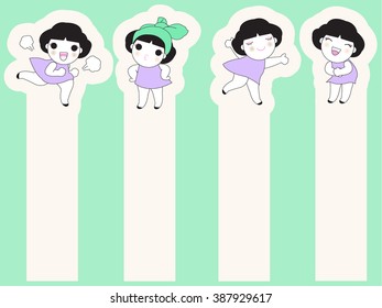 Cute Girl Group Post-it Bookmark Stickers Character Design illustration set
