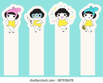 Cute Girl Group Post-it Bookmark Stickers Character Design illustration set