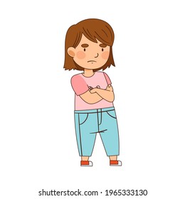 Cute Girl with Grumpy Face Standing with Crossed Arms Vector Illustration