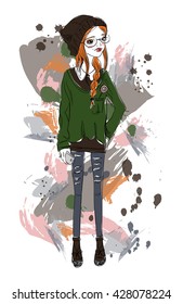 Cute girl in a grunge style. Red-haired girl on abstract background. Fashion vector illustration