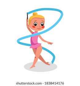 Cute Girl Gymnast Doing Exercise with Ribbon, Kid Doing Sports, Active Healthy Lifestyle Concept Cartoon Style Vector Illustration