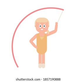 Cute girl gymnast with ribbon. Gymnastics for kids. Flat vector illustration