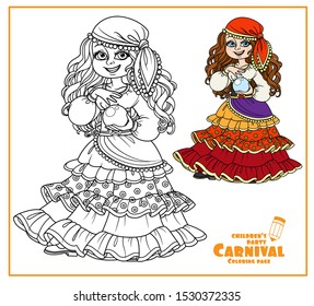 Cute girl in gypsy carnival costume with a fortune-telling ball in hand color and outlined for coloring page