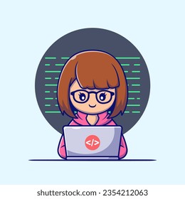 Cute Girl Hacker Operating Laptop Cartoon Vector Icon Illustration. People Technology Icon Concept Isolated PremiumVector. Flat Cartoon Style