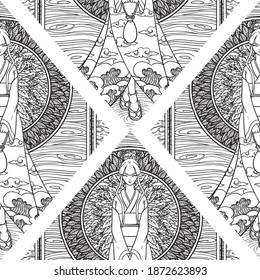 A cute girl with a hair bun wearing a beautiful kimono adorned with sea waves and cloud as a vector pattern design.