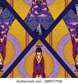 A cute girl with a hair bun wearing a beautiful kimono adorned with sea waves and cloud.
