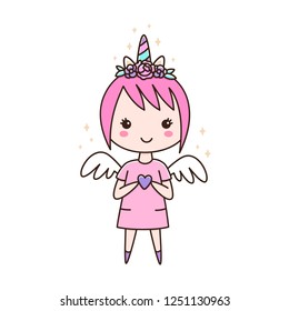 Cute girl in a hairband unicorn with flowers, with wings and a heart in her hands.  It can be used for sticker, patch, phone case, poster, t-shirt, mug and other design.