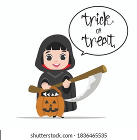 Cute girl Halloween Character in grim reaper costume