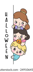 Cute girl Halloween clipart princess children. Series: Retro cartoon kawaii drawing (trick or treaters) Kids party. Perfect make a wish for background, greeting card, pattern, nursery wall and shirt.