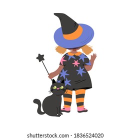 Cute Girl in Halloween Costume, Back View of Little Child Dressed as Witch with Black Cat, Happy Halloween Party Festival with Kid Trick or Treating Cartoon Vector Illustration