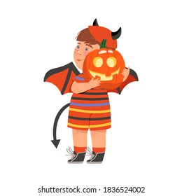 Cute Girl in Halloween Costume with Pumpkin Lantern, Little Child Dressed as Devil, Happy Halloween Party Festival with Kid Trick or Treating Cartoon Vector Illustration