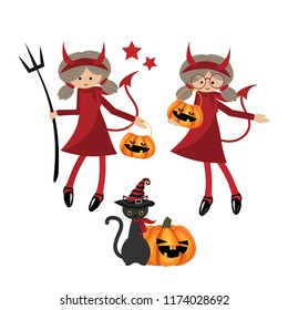 Cute girl in Halloween outfit of devils holding pumpkin, witch cat and Halloween pumpkin collection on white background. Vector illustration.